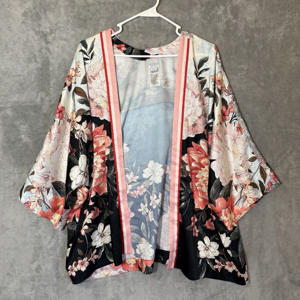 Chico's L/XL Floral Kimono Wrap Jacket Open Front Peony Asian Style Print Satin